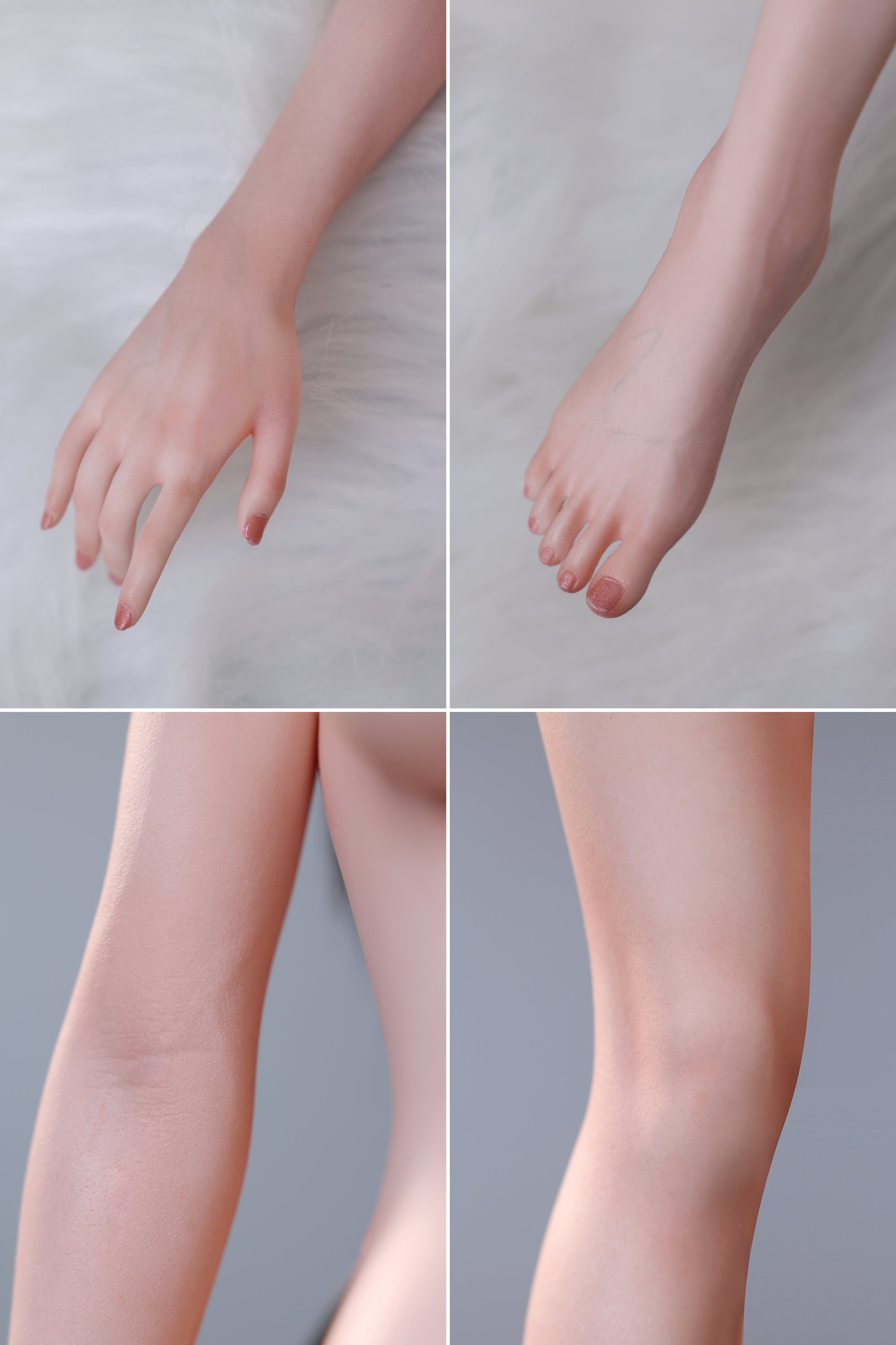 Collage of close-up images of a hand, foot, and legs on a plain background