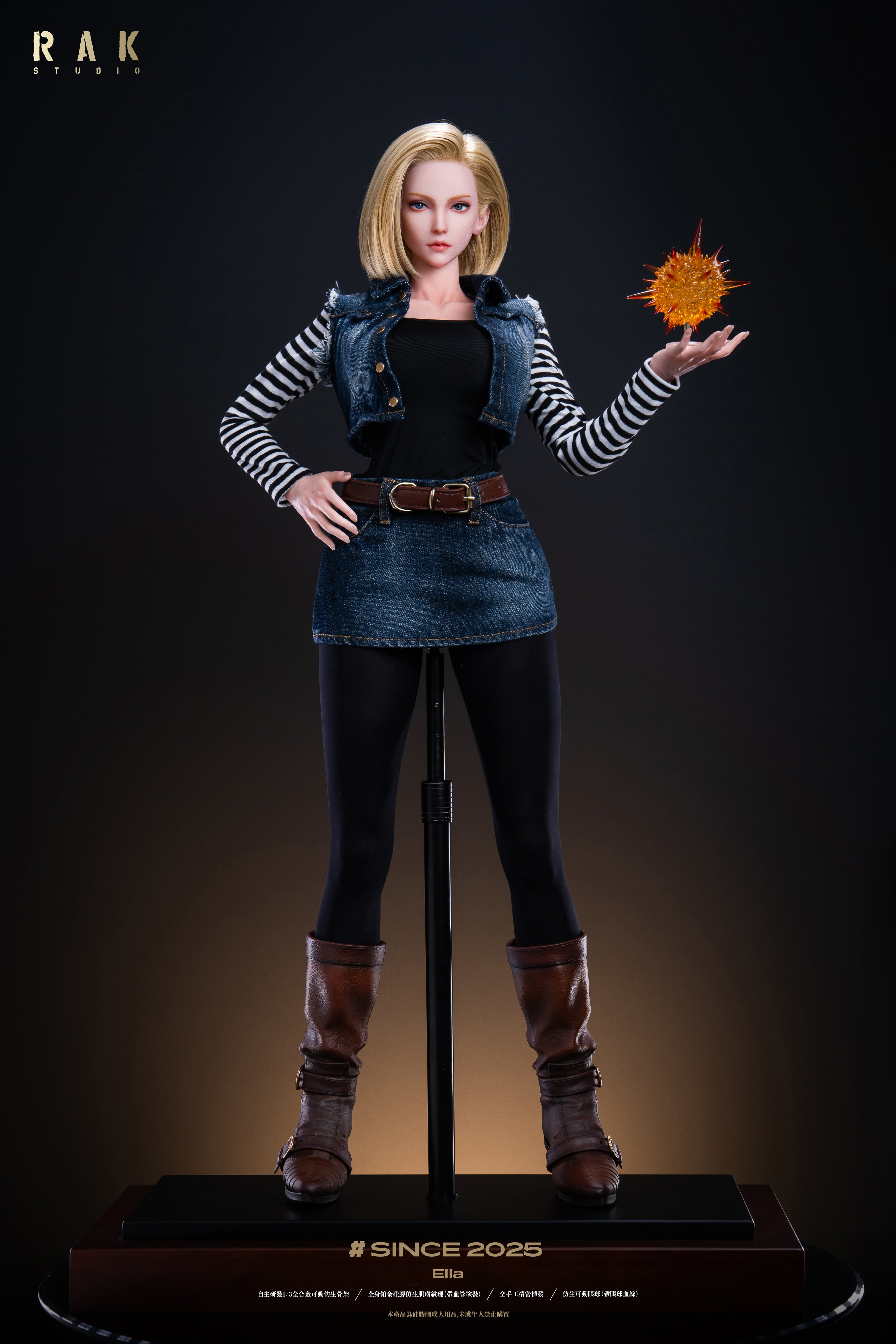 Action figure of a character holding a sunflower on a dark background with &