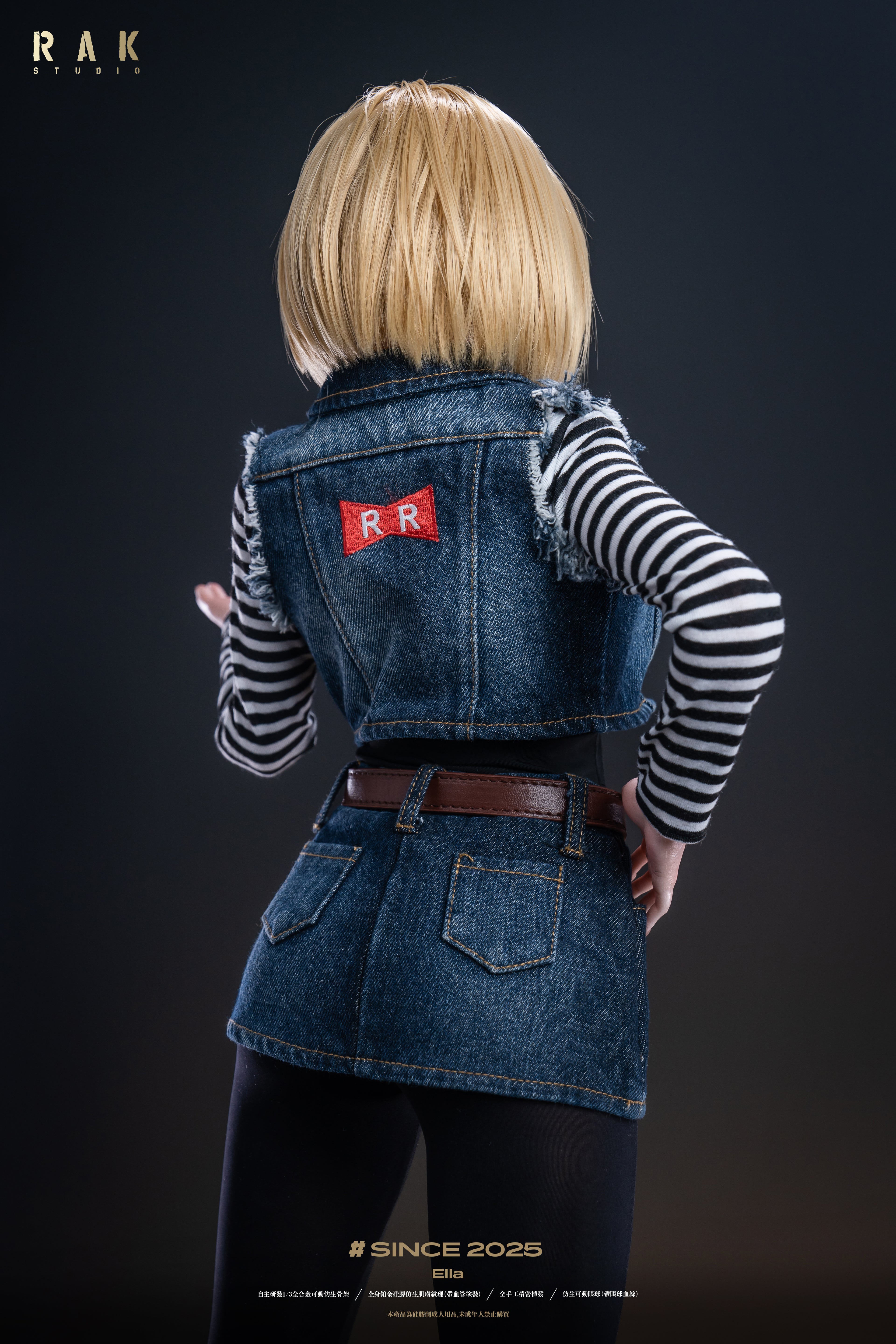 Person wearing a denim vest with a brand logo on a dark background.