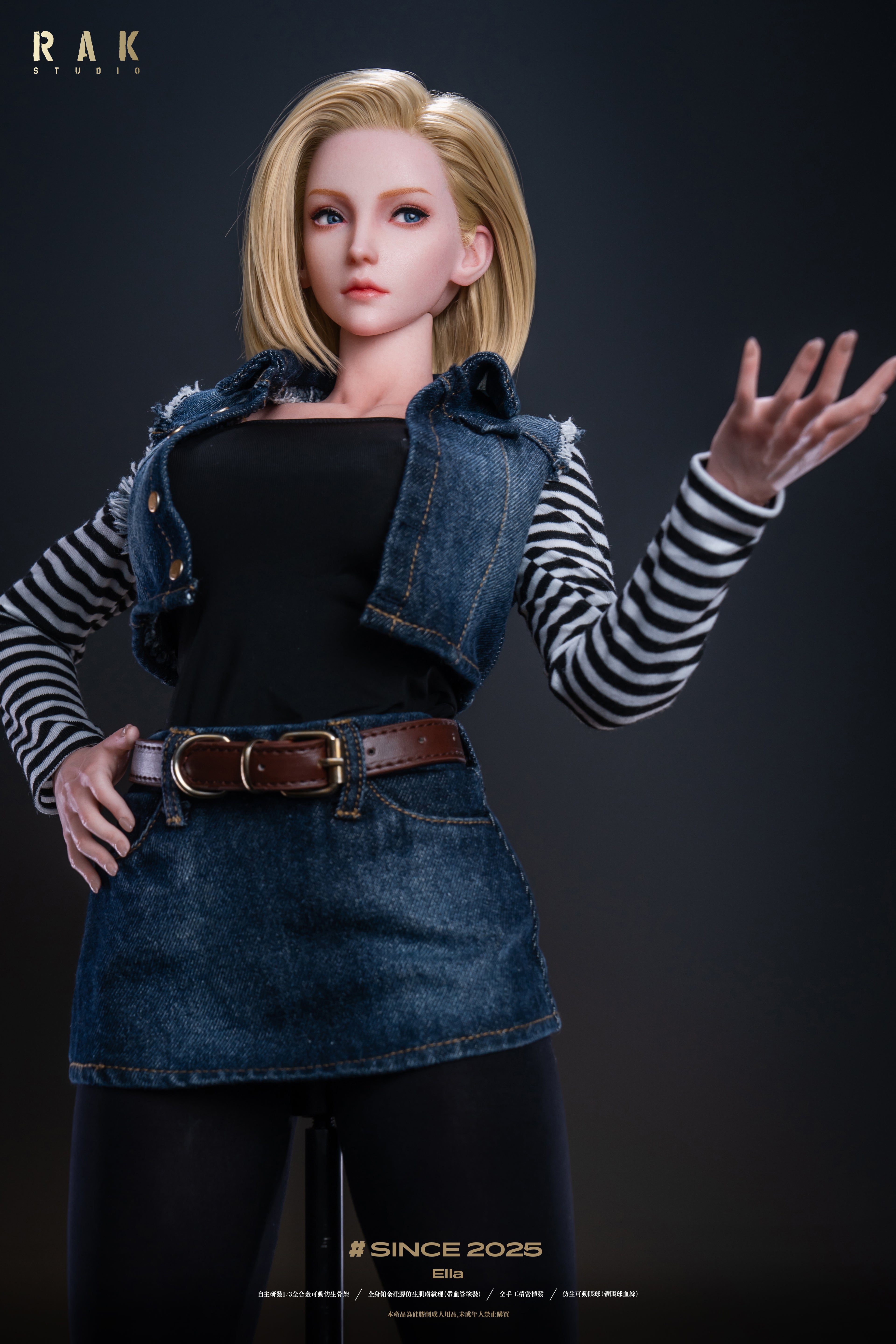 Action figure wearing a denim outfit with a black background.