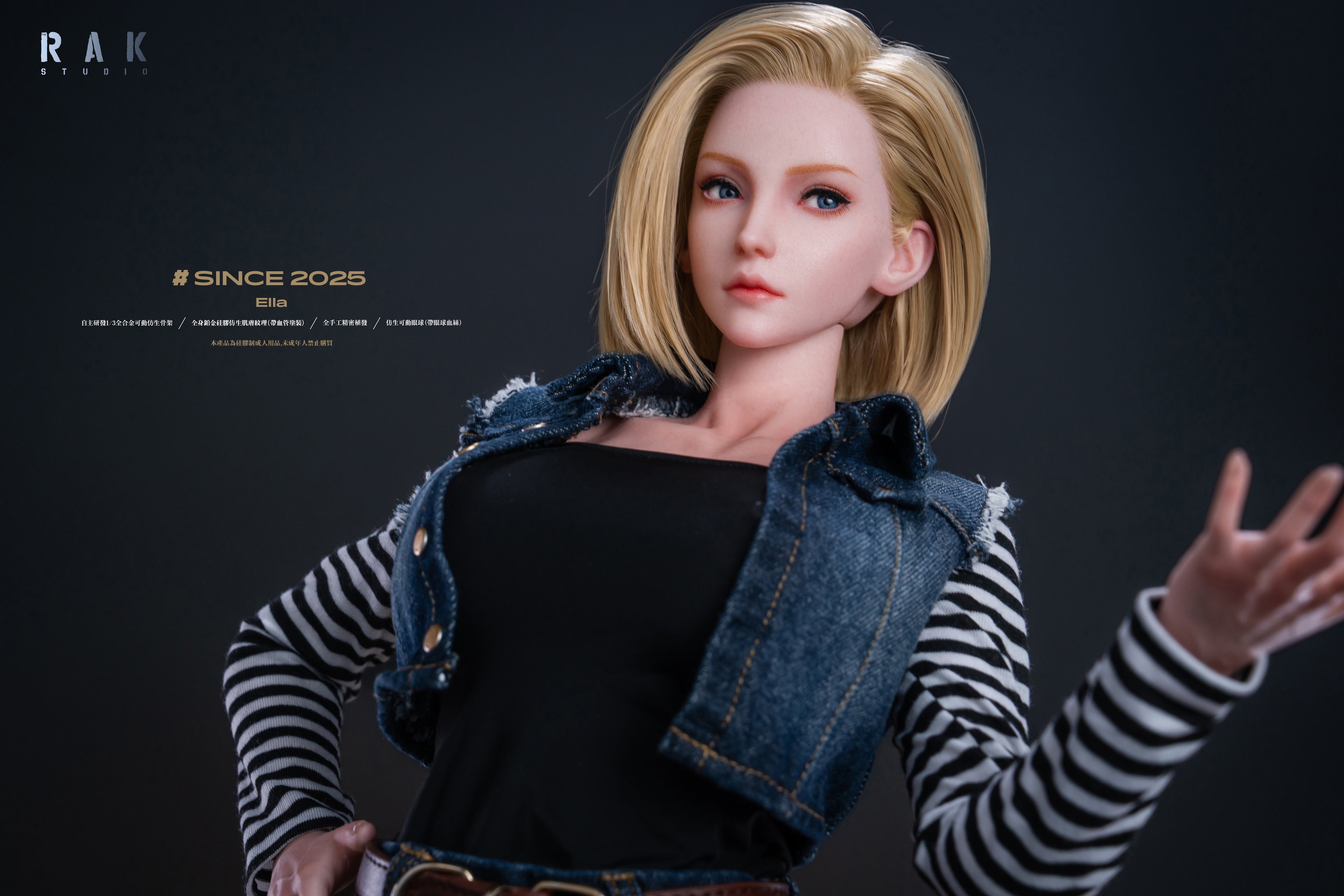 Close-up of a person wearing a denim jacket and striped sleeves with a dark background.