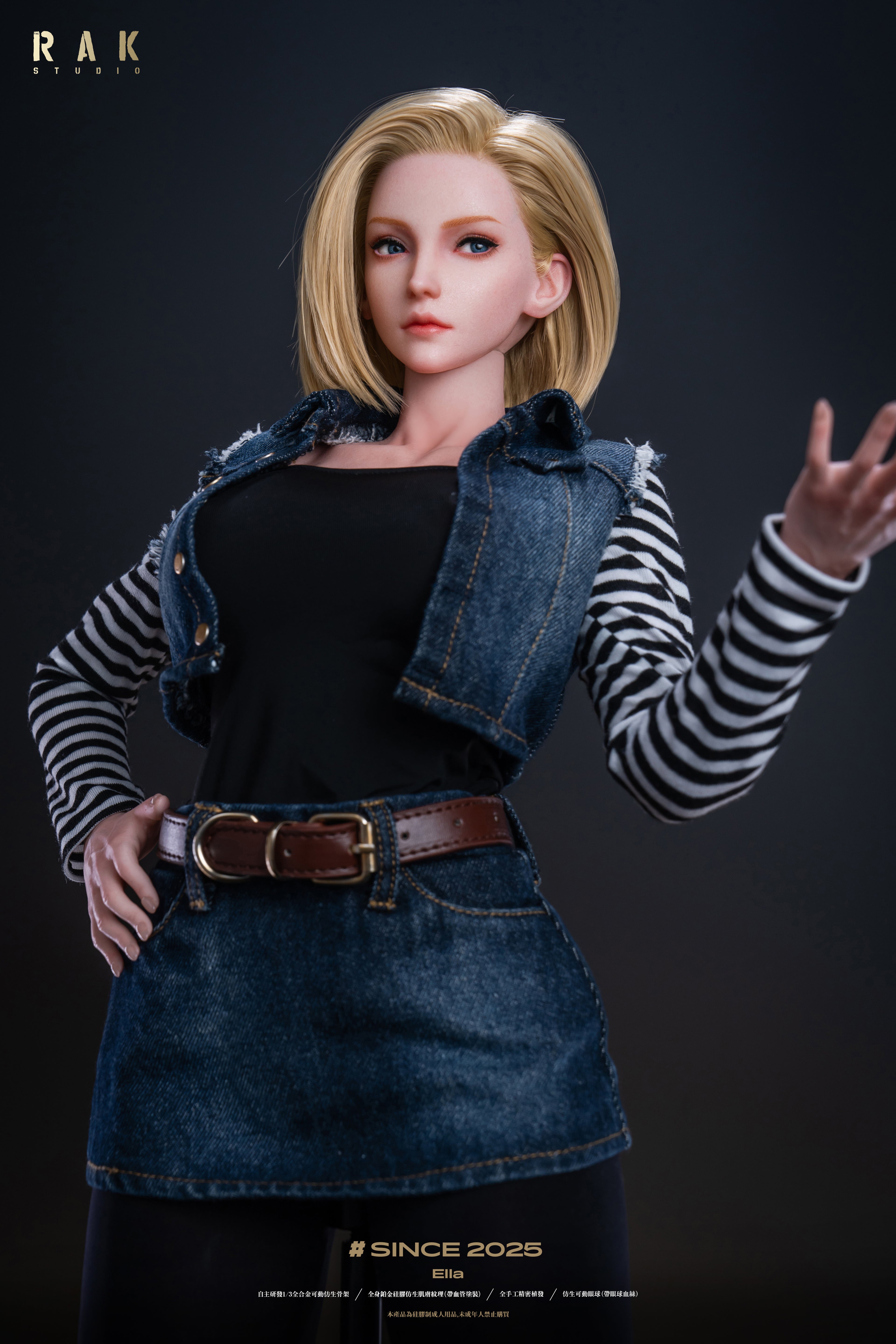 Action figure with blonde hair and denim outfit on a dark background.