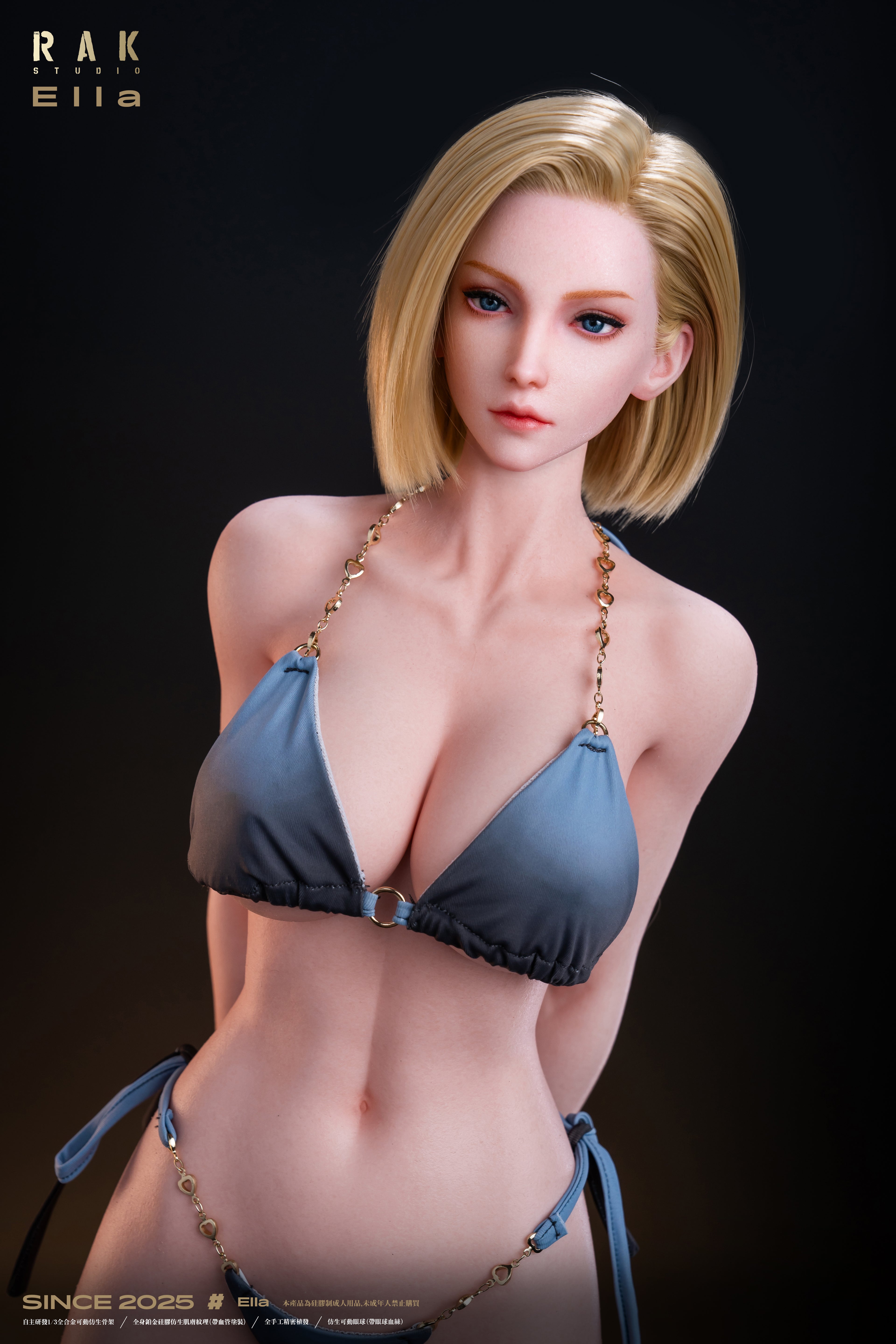 Figurine of a woman in a blue bikini against a dark background