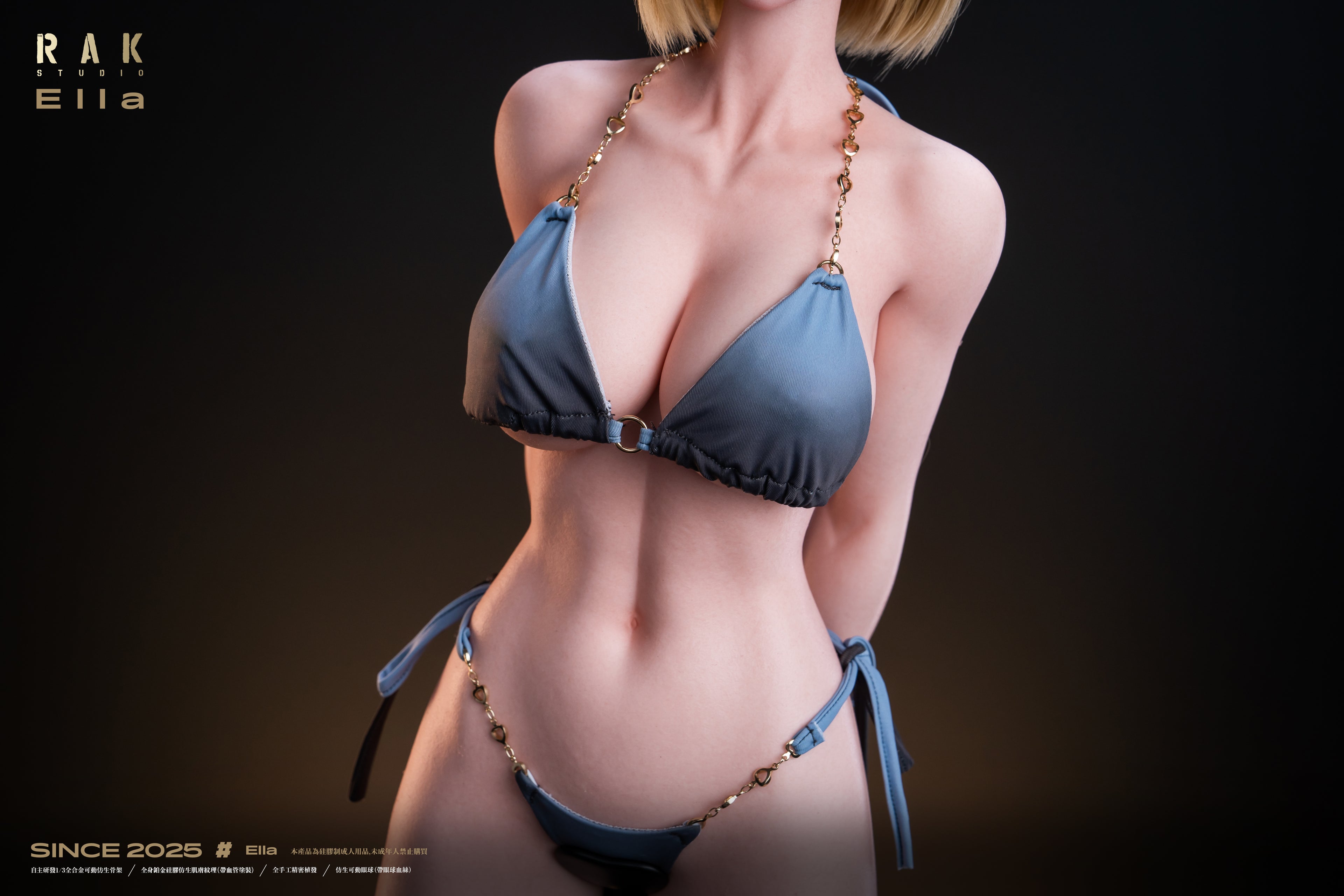 Blue bikini worn by a figure against a dark background