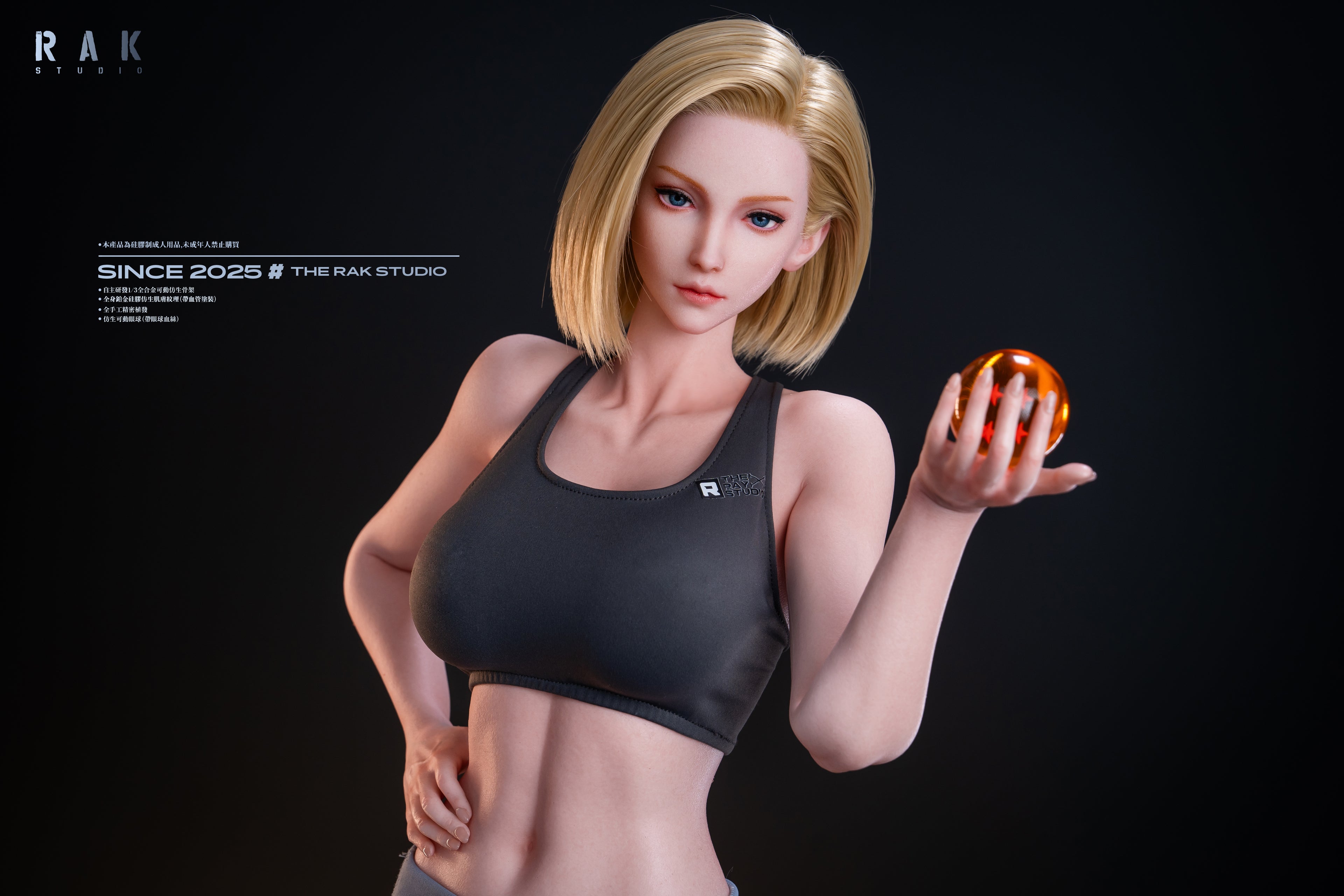 Artificial intelligence sculpture of a woman holding an apple against a black background, with &