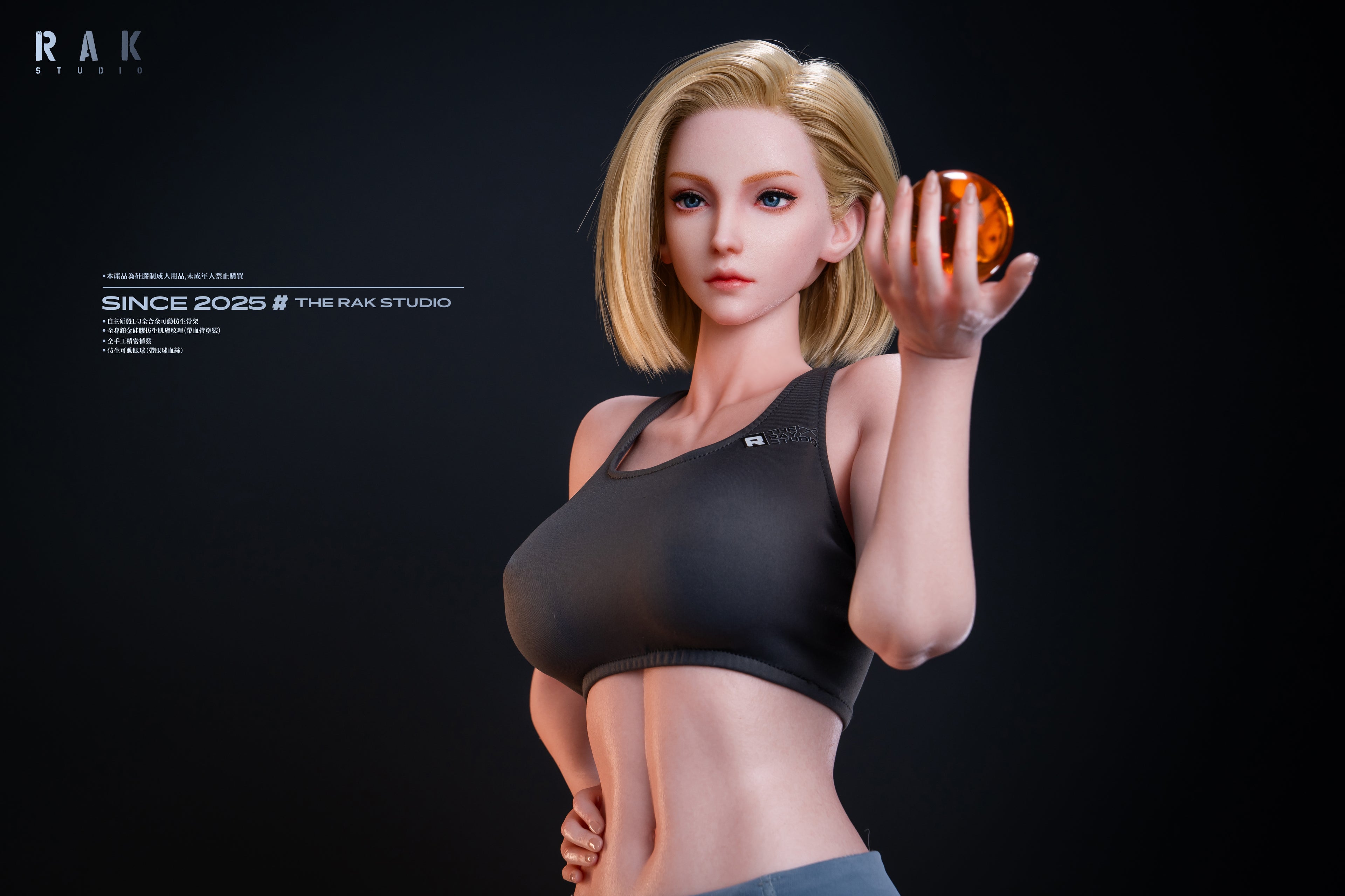 Artificial figure wearing a black sports bra holding an orange object against a dark background with &