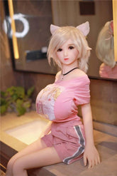 Huge Breast Elf 130cm 1:1-scale TPE action figure doll in pink anime graphic tee and shorts with platinum elf wig and pink cat-ear headband.