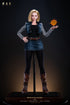 JY Figures Ella 1/2 scale 73cm premium silicone figure full body standing in denim Red Ribbon vest, black striped sleeves, denim skirt with brown belt and knee boots, holding orange ki energy effect